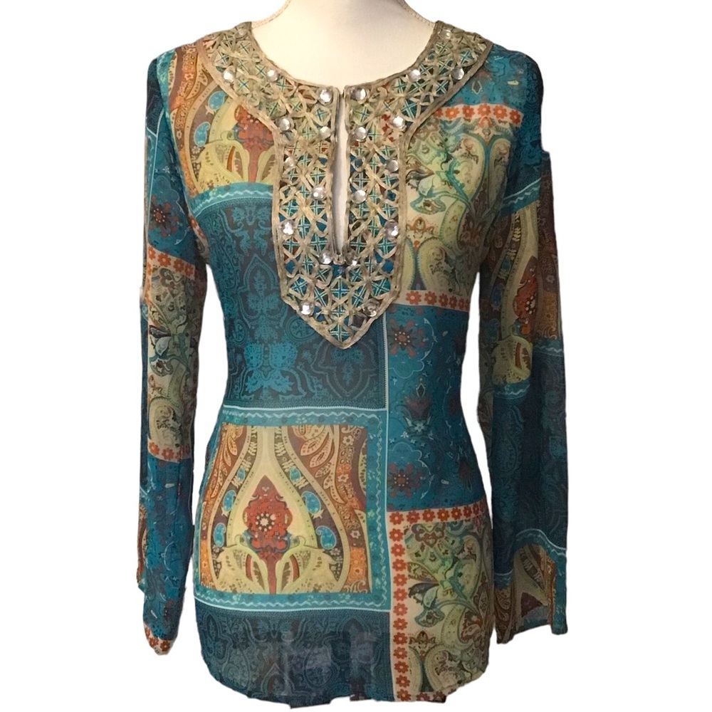 NY collection boho jeweled turquoise paisley tunic size Small